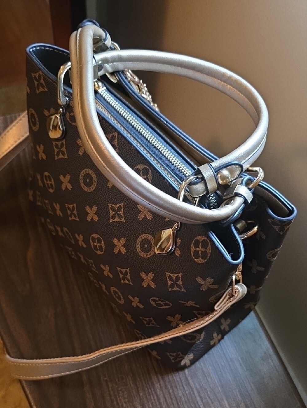 Brown Monogram Satchel Handbag with Gold Accents - Picture 7 of 16